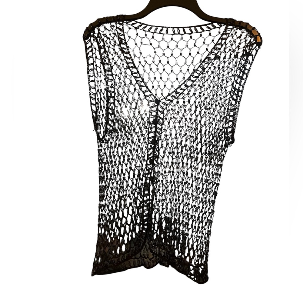 Sexy Vintage 90s Black Beaded Crochet Net Vest Top - Layering Piece